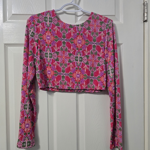 Misa Los Angeles Tops - Misa Los Angeles Pink and Silver Graphic Crop Blouse 1068